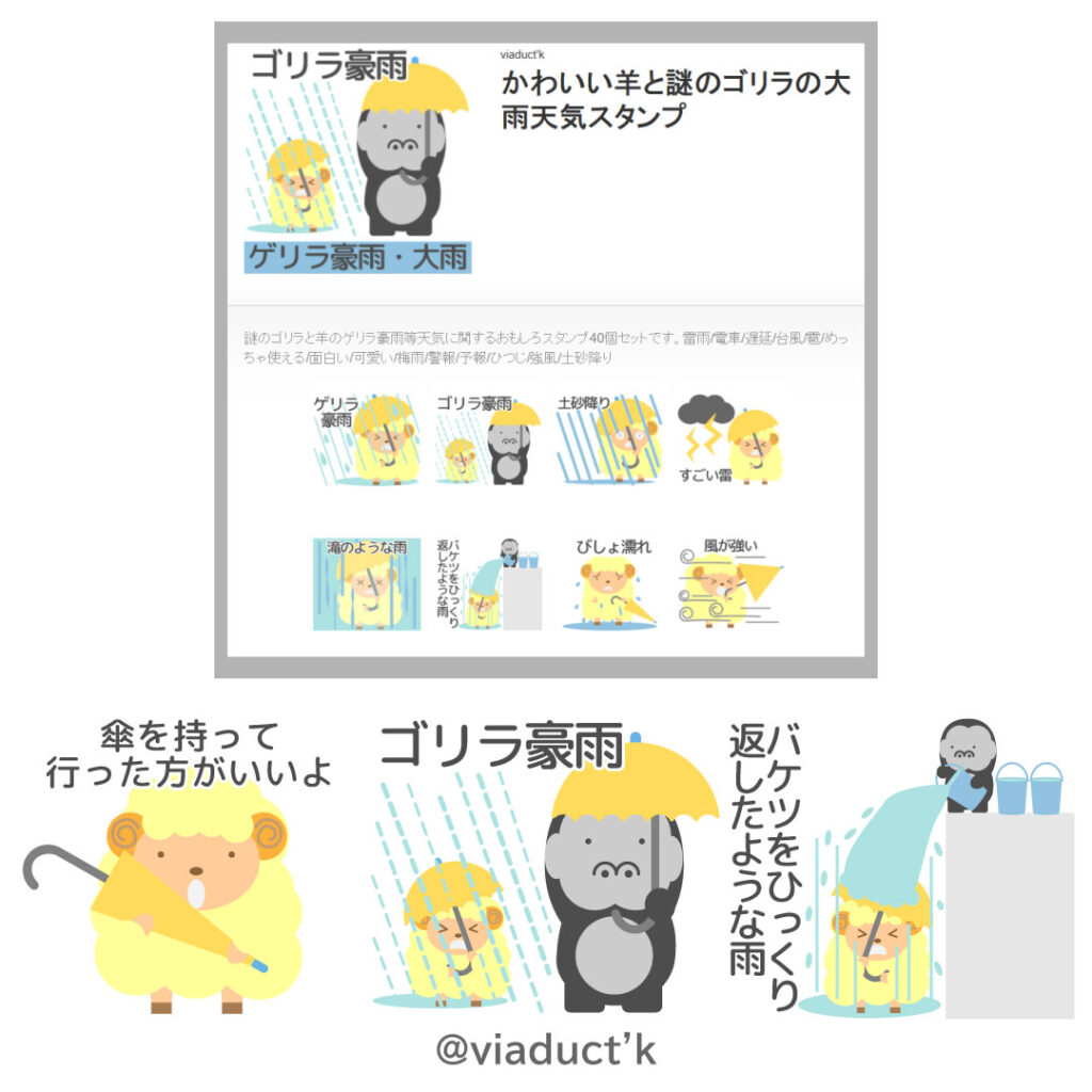 lineスタンプ,ゲリラ豪雨,羊,ゴリラ豪雨,雷雨/電車,遅延,台風,雹,めっちゃ使える,面白い,可愛い,梅雨,警報,予報,ひつじ,強風,土砂降り